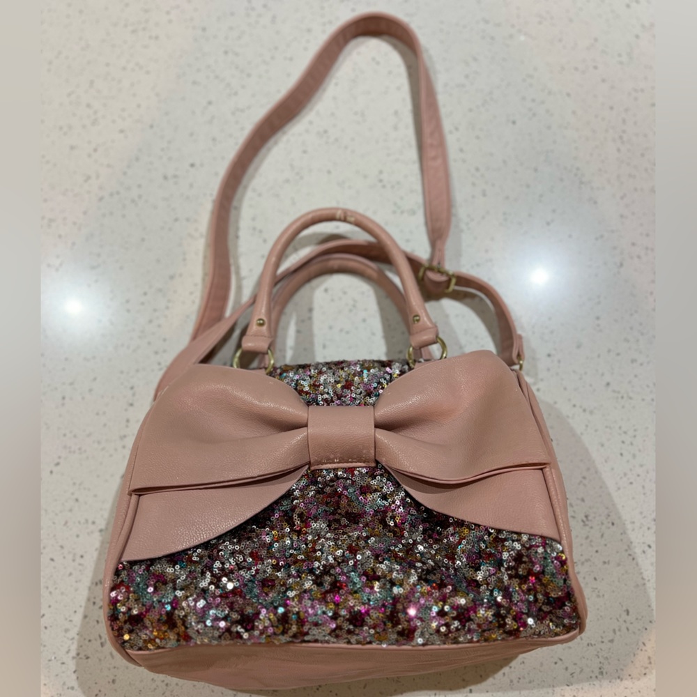 BETSEY JOHNSON sequin bow crossbody satchel bag with bow 12” width